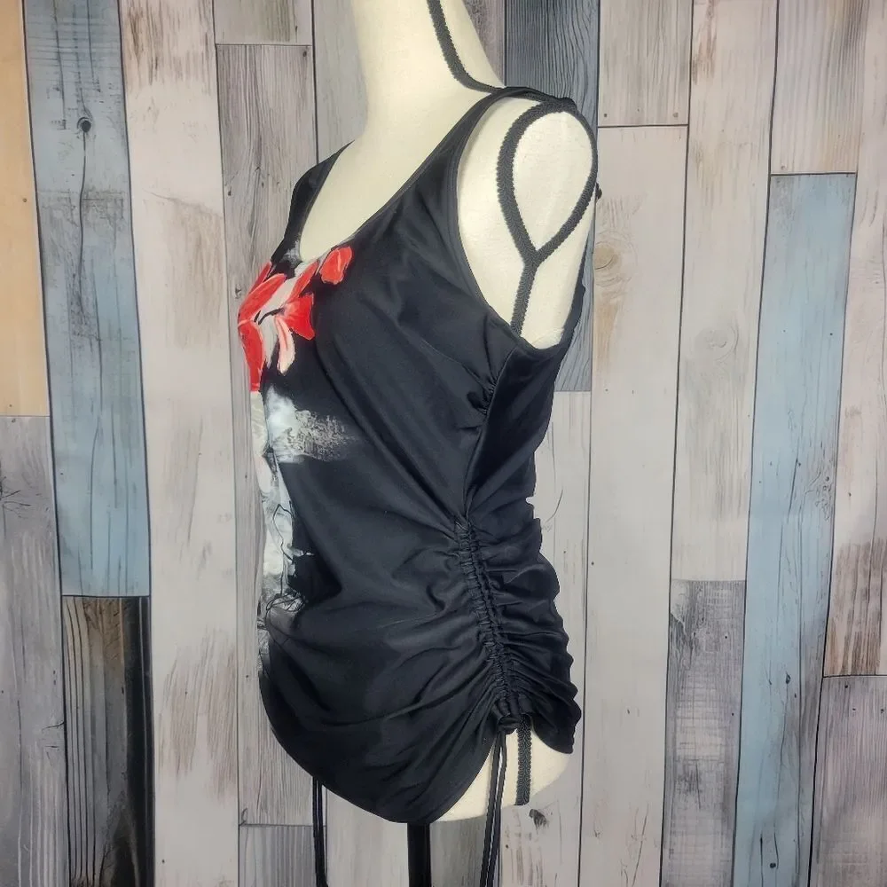 Vintage Christina Black Red Floral Tankini Swim Top Size 12D